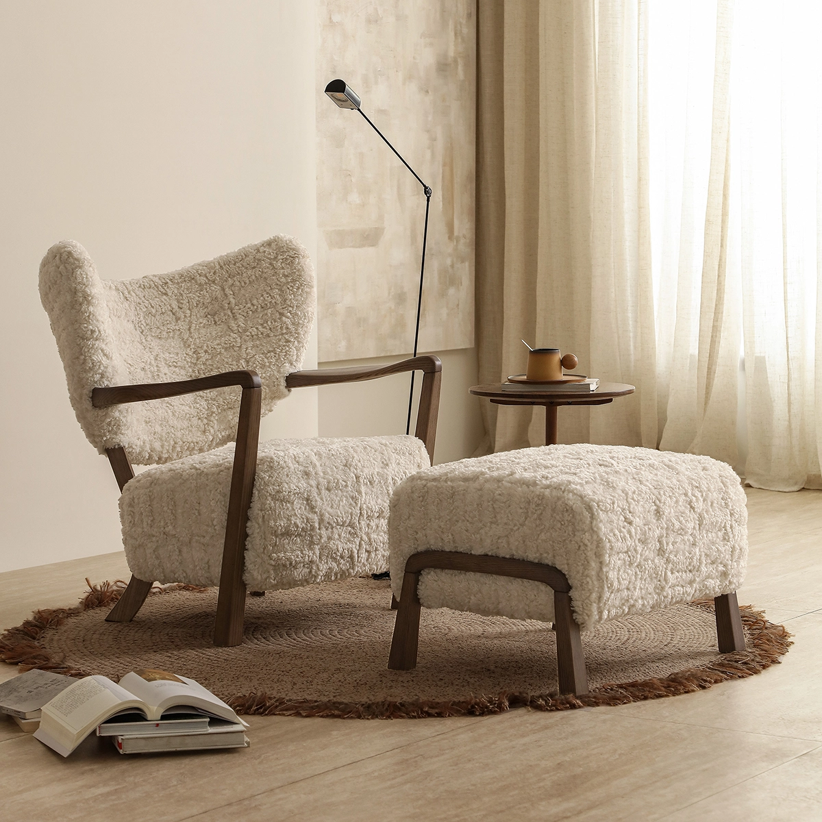 Wulf Modern Boucle Teddy Lounge Chair and Ottoman Set